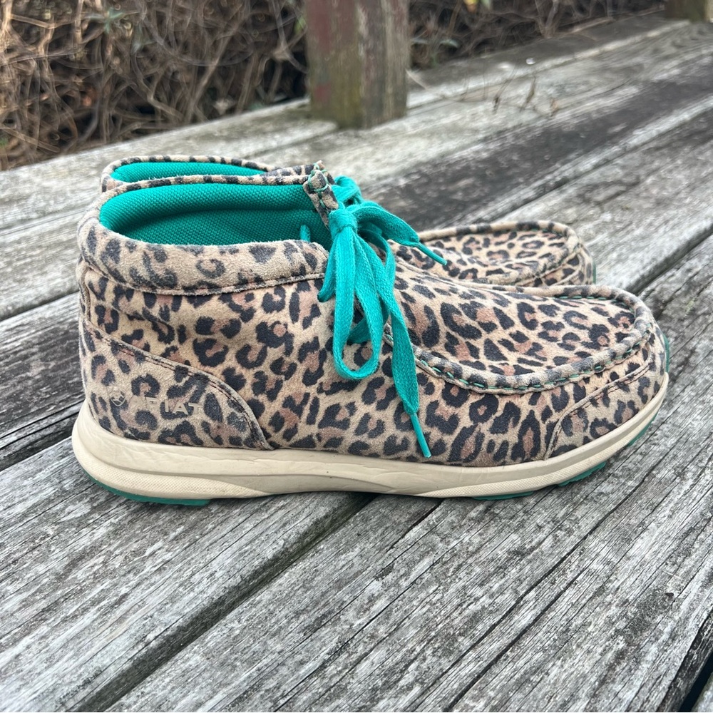 Ariat Leopard Print Moccasin Boots with Teal Accents
